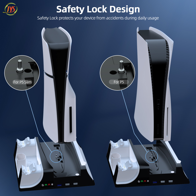 PS5/PS5 Slim dzesēšanas apakšdaļa ar USB HUB un dubultu uzlādi kontrolleriem — modelis JYS-P5130-2; Materiāls ABS