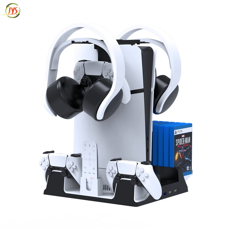 PS5/PS5 Slim dzesēšanas apakšdaļa ar USB HUB un dubultu uzlādi kontrolleriem — modelis JYS-P5130-2; Materiāls ABS