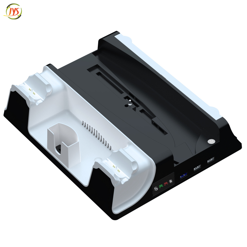 PS5/PS5 Slim dzesēšanas apakšdaļa ar USB HUB un dubultu uzlādi kontrolleriem — modelis JYS-P5130-2; Materiāls ABS