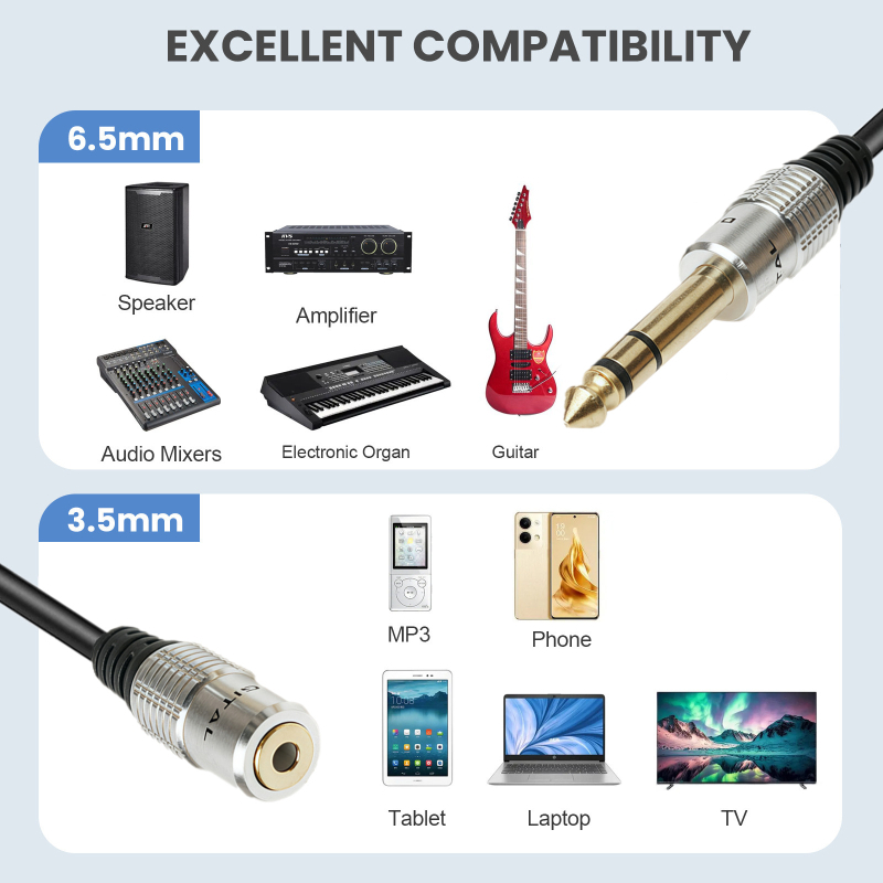 Cablu adaptor audio Yirui YR-L-18-03, 6,35 mm masculin la 3,5 mm femelă, stereo, fără cip