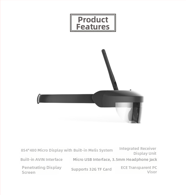 Oche FPV montate pe cap cu transmisie wireless a imaginii la 5.8 GHz, intrare HDMI, afișaj virtual de 98 inch, rezoluție 854x480, greutate 128 g, model E632