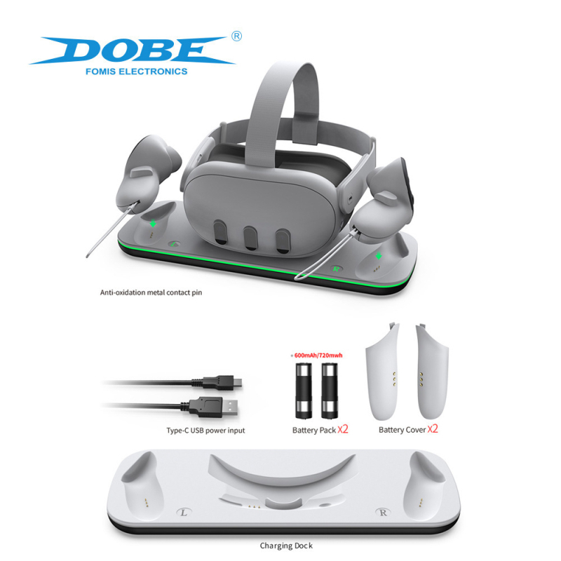 Βάση φόρτισης Meta Quest3 VR headset και χειριστήρια με LED λωρίδα φωτισμού, USB-C διεπαφή, ABS υλικό