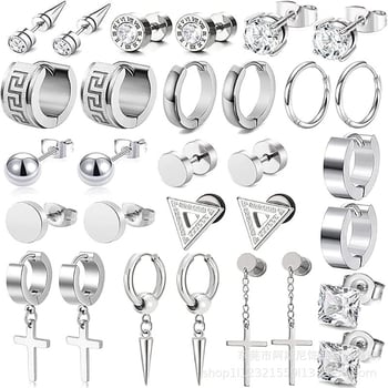 Nerđajući čelični naušnice, set od 15 parova, geometrijski dizajn s dijamantnim završetkom, unisex stil za sve prilike