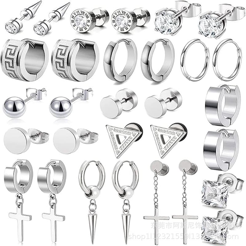 Nerđajući čelični naušnice, set od 15 parova, geometrijski dizajn s dijamantnim završetkom, unisex stil za sve prilike