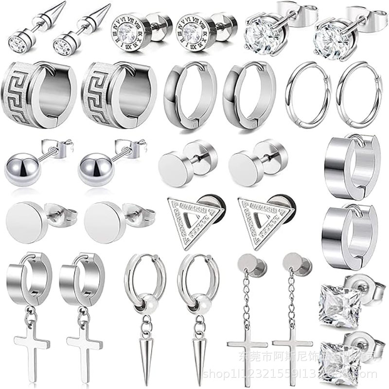 Nerđajući čelični naušnice, set od 15 parova, geometrijski dizajn s dijamantnim završetkom, unisex stil za sve prilike