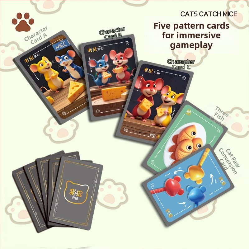 Papirnata stolna igra s temom mačke i miša za tri igrača — trening reakcije, koncentracija, razvoj vida i koordinacija ruka-oko, za djecu 4–6 godina