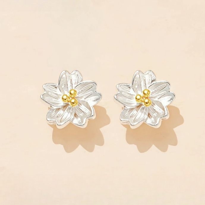 Naušnice od sterling srebra - oblik cvijeta trešnje - svijetli luksuzni stil - unisex - elektroplatinirani premaz