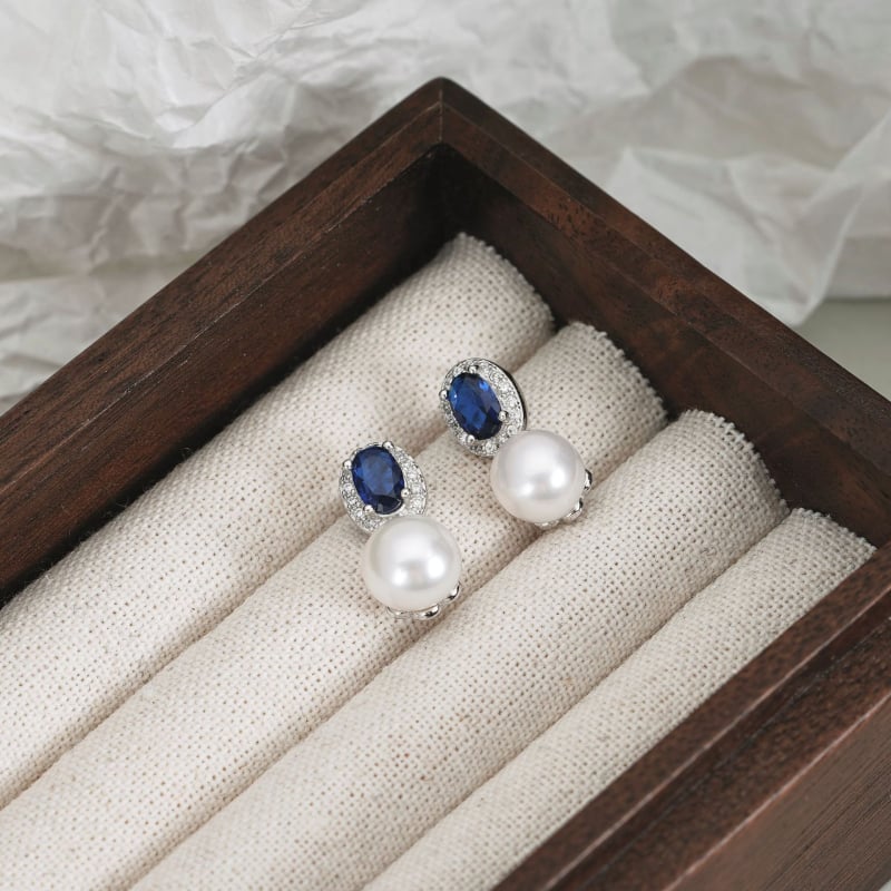 Cercei din argint S925 cu perlă de apă dulce, zircon albastru, stil franțuzesc retro de curte