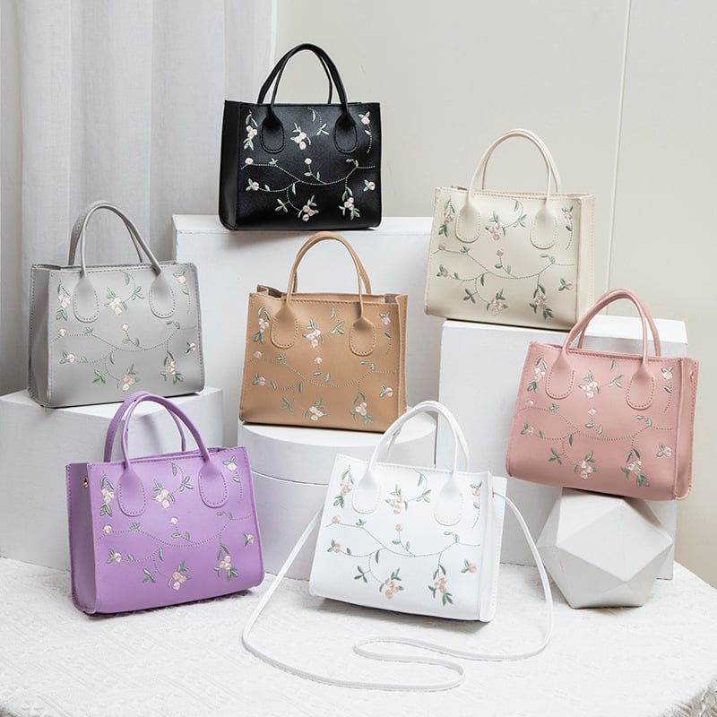 Geantă crossbody mini pătrată, brodată cu flori, din PU, fermoar, formă orizontală pătrată, buzunar pentru telefon