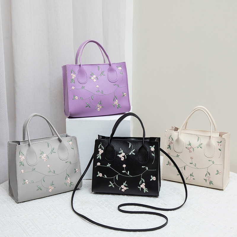 Geantă crossbody mini pătrată, brodată cu flori, din PU, fermoar, formă orizontală pătrată, buzunar pentru telefon