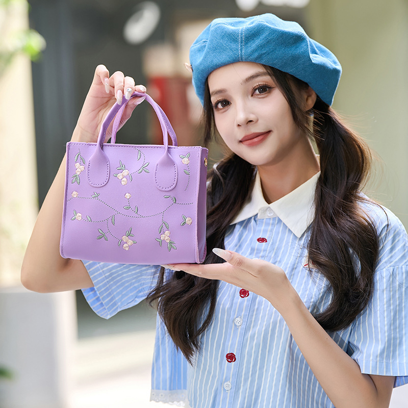 Geantă crossbody mini pătrată, brodată cu flori, din PU, fermoar, formă orizontală pătrată, buzunar pentru telefon