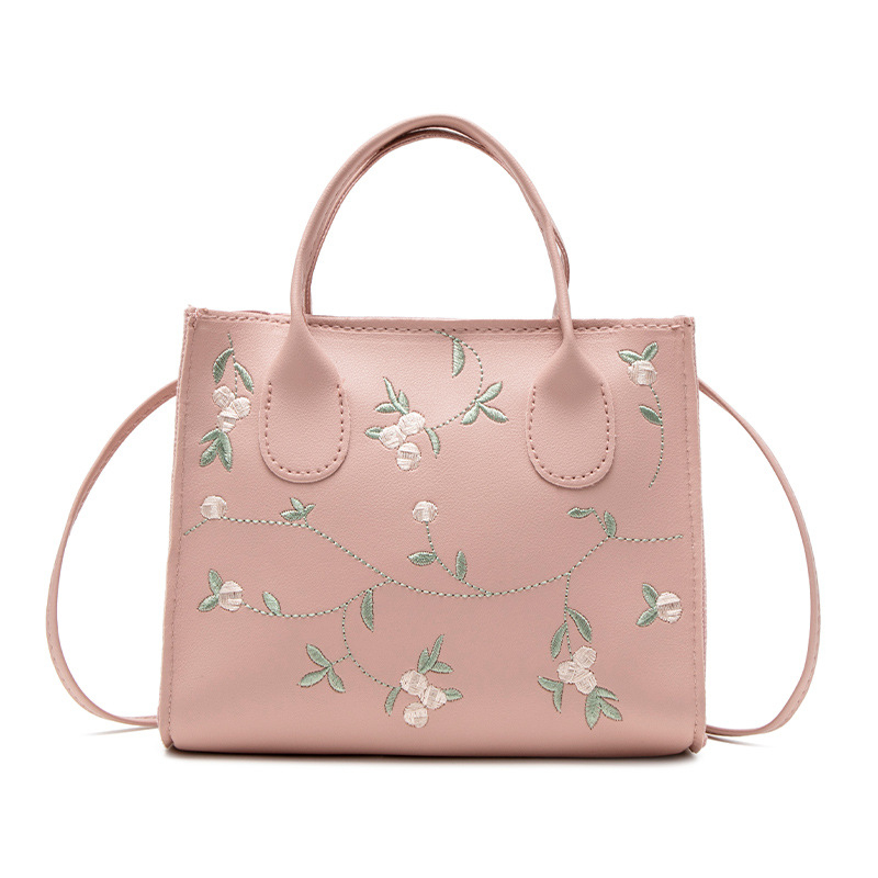 Geantă crossbody mini pătrată, brodată cu flori, din PU, fermoar, formă orizontală pătrată, buzunar pentru telefon