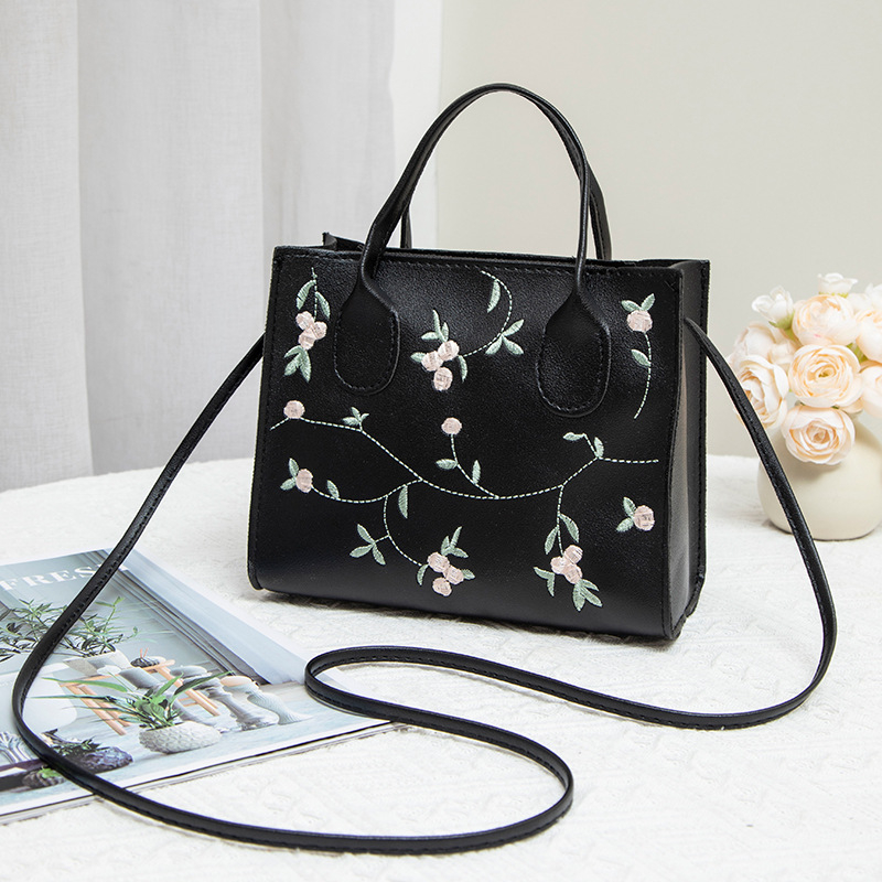 Geantă crossbody mini pătrată, brodată cu flori, din PU, fermoar, formă orizontală pătrată, buzunar pentru telefon