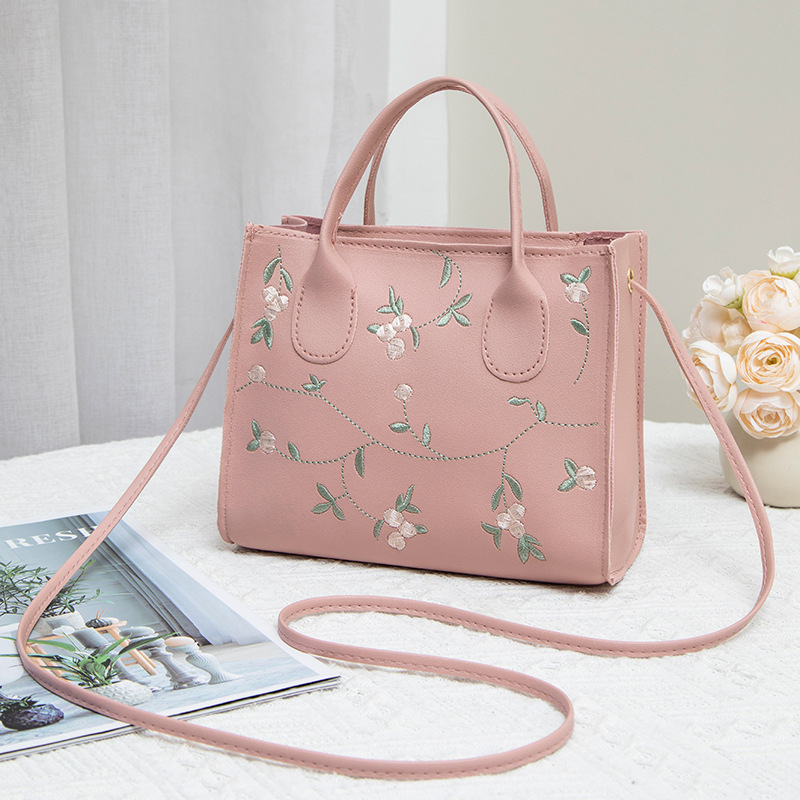 Geantă crossbody mini pătrată, brodată cu flori, din PU, fermoar, formă orizontală pătrată, buzunar pentru telefon