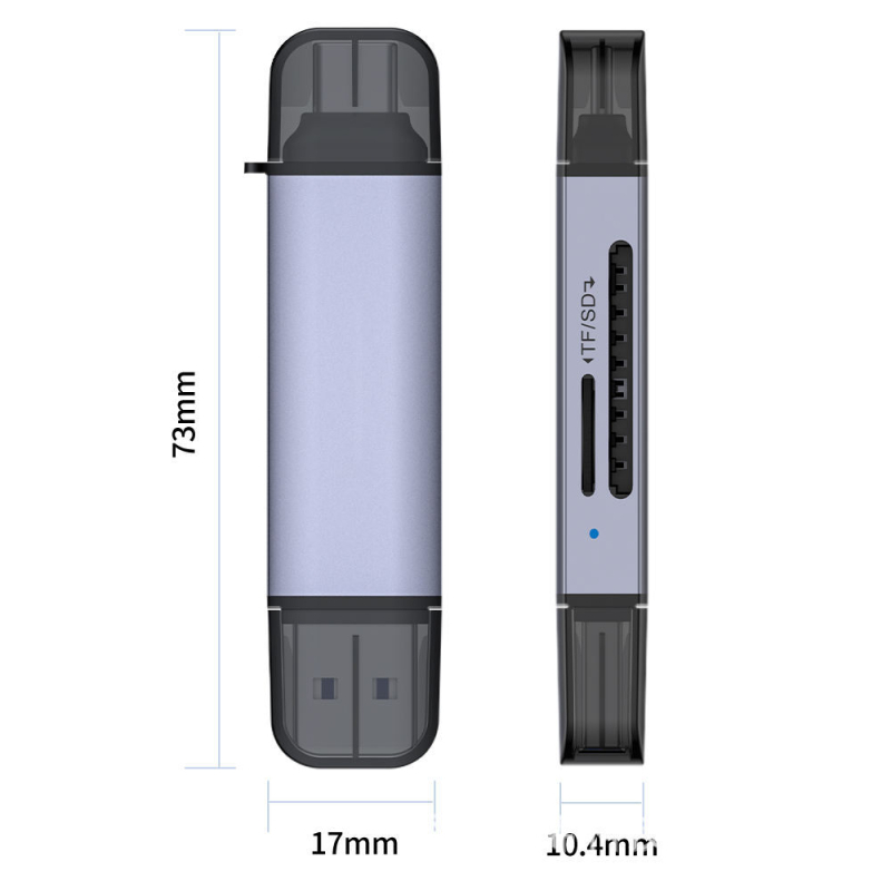 Dvostruki čitač kartica USB 3.0 + USB-C za TF/SD/MMC/Micro SD – vanjski, dimenzije 51,5×19×11 mm, težina 10 g, 1 godina jamstva