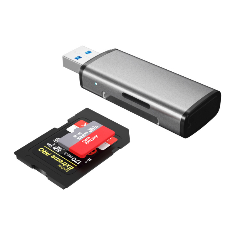 Cititor USB 3.0 pentru carduri SD și TF – carcasă din aluminiu, model ADS-105, dimensiuni 6.9×2×1 cm