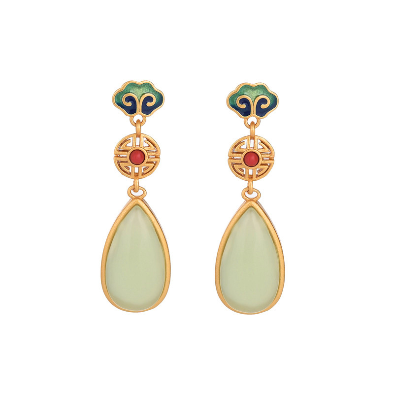 Naušnice s drevnom zlatnom ugradnjom, imitacija Hetian jade, oblako-oblikovana smola, retro stil, srebrni čepić (Materijal: Bakar; Brand: Amunie; Stil: Kina Vjetar; Obrada: Elektroplatiranje; Kategorija: Naušnice)