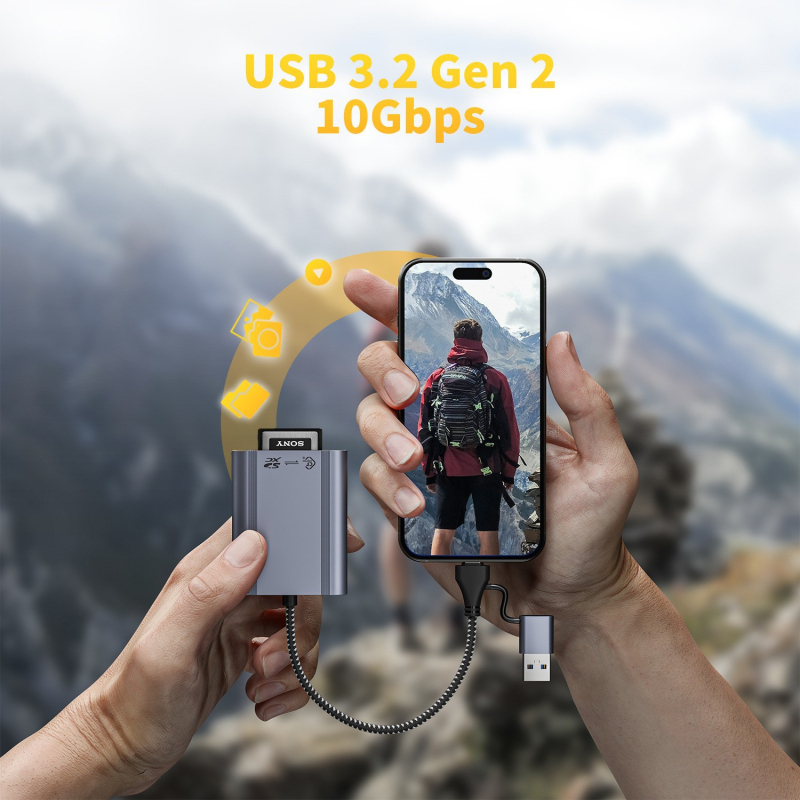 Cititor CFexpress A/B și SD pentru carduri, USB-C și USB 3.0, aliaj de aluminiu, model CF003