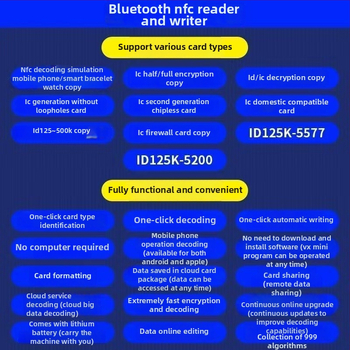 NFC érintés nélküli kártyaolvasó/író ID/IC kártyákhoz, érzékelési távolság 1-5, működési frekvencia 125 kHz–13,56 MHz, olvasási idő 1 s