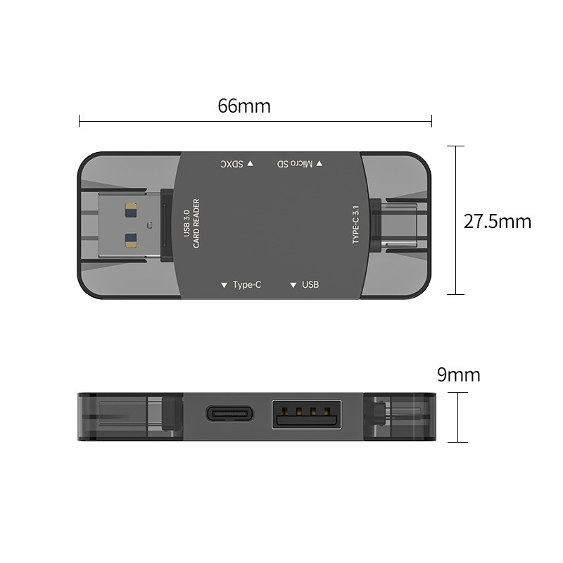 Cititor de carduri USB-C/USB 3.0 2 în 1 pentru SD/SDHC/TF/microSD – extern, aliaj de zinc, 30 g, viteză înaltă, compatibil cu toate sistemele de operare