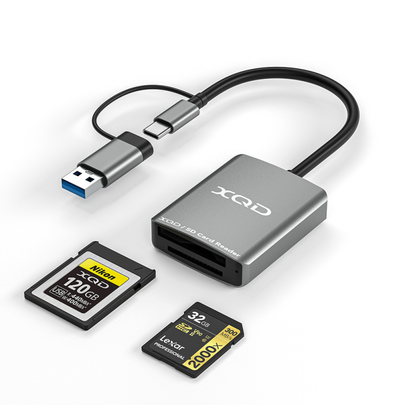 ZY-802 Cititor XQD/SD carduri — USB 3.0 viteză mare, interfață duală Type-C și USB, aliaj de aluminiu + ABS