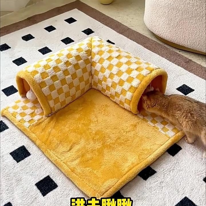 Cuib pentru pisici și câini cu tunel-labirint și grotă — cald pe tot timpul anului, lavabil, instalare ușoară, material: pânză