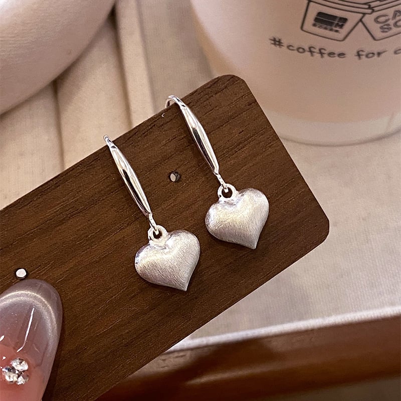 Καρδιά σκουλαρίκια με γάντζο από ασήμι S925, βουρτσισμένη επιφάνεια, για γυναίκες