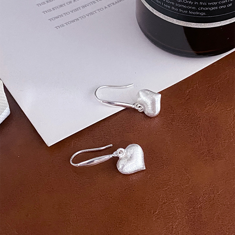 Καρδιά σκουλαρίκια με γάντζο από ασήμι S925, βουρτσισμένη επιφάνεια, για γυναίκες