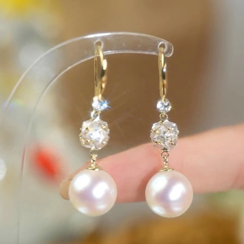 Σκουλαρίκια με γάντζο για το αυτί: μακριά κρεμαστά, στρας και μαργαριτάρι, γεωμετρικό στυλ διαδικτυακής μόδας (Copper • E5296 • Καλοκαίρι 2025)