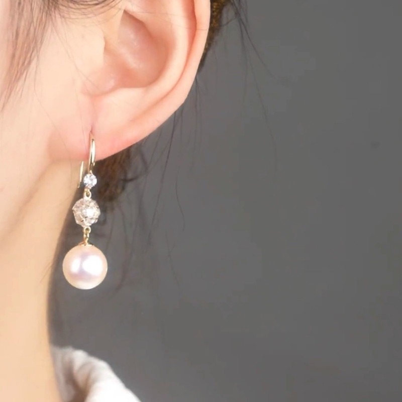 Σκουλαρίκια με γάντζο για το αυτί: μακριά κρεμαστά, στρας και μαργαριτάρι, γεωμετρικό στυλ διαδικτυακής μόδας (Copper • E5296 • Καλοκαίρι 2025)