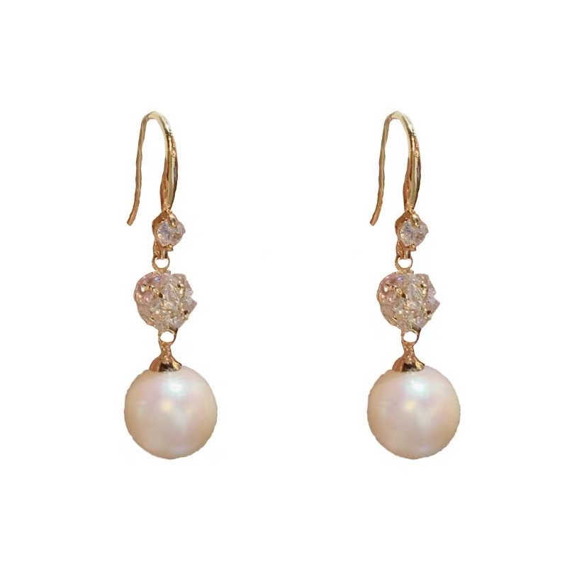 Σκουλαρίκια με γάντζο για το αυτί: μακριά κρεμαστά, στρας και μαργαριτάρι, γεωμετρικό στυλ διαδικτυακής μόδας (Copper • E5296 • Καλοκαίρι 2025)