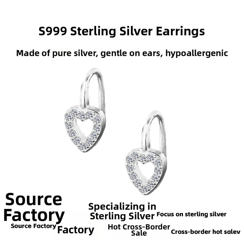 Širdies formos ausų kabliukai iš S999 gryno sidabro moterims — paprastas stilius