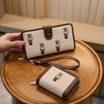 Ženski platneni preklopni novčanik u korejskom stilu s crtanim medvjedom, 1 preklop, podstava od umjetne kože, otporan na habanje