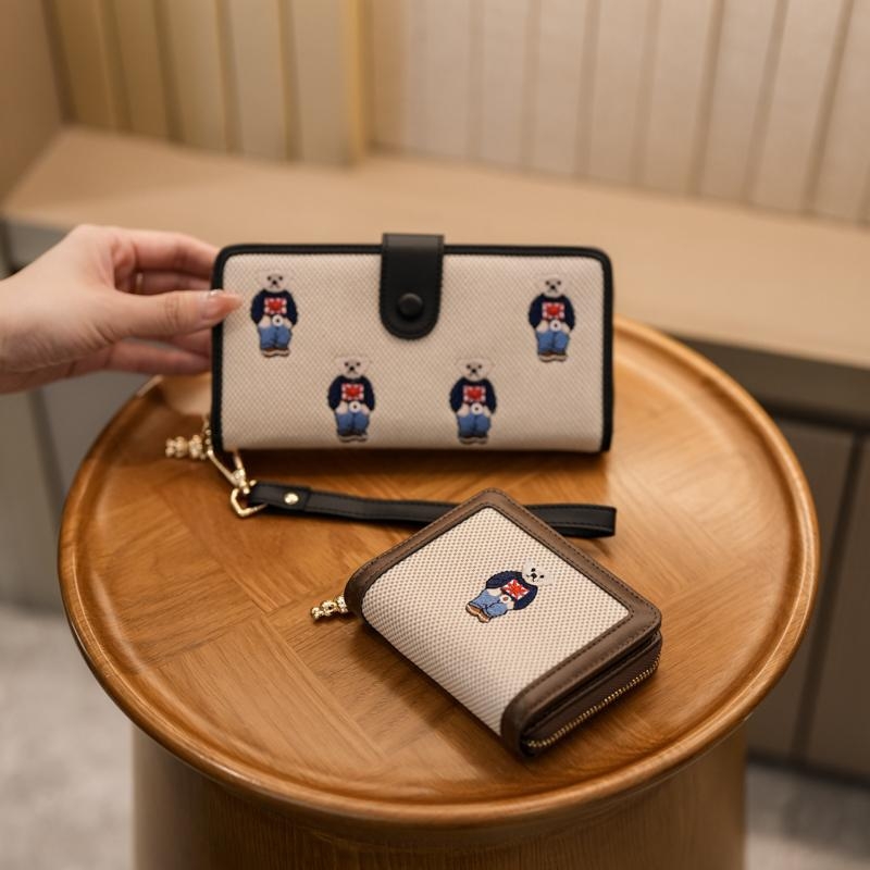Ženski platneni preklopni novčanik u korejskom stilu s crtanim medvjedom, 1 preklop, podstava od umjetne kože, otporan na habanje