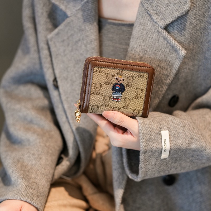Ženski platneni preklopni novčanik u korejskom stilu s crtanim medvjedom, 1 preklop, podstava od umjetne kože, otporan na habanje