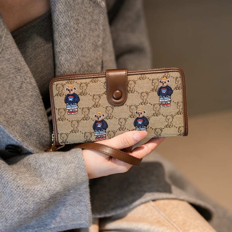 Ženski platneni preklopni novčanik u korejskom stilu s crtanim medvjedom, 1 preklop, podstava od umjetne kože, otporan na habanje