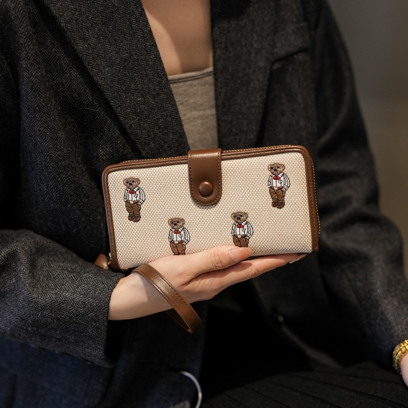 Ženski platneni preklopni novčanik u korejskom stilu s crtanim medvjedom, 1 preklop, podstava od umjetne kože, otporan na habanje