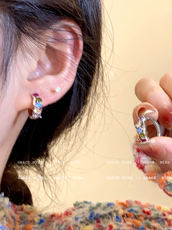 Медни обеци с циркони, U-образен дизайн, обков за ухо, дамски стил