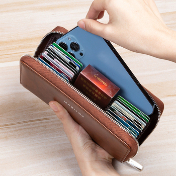 Portofel lung din piele naturală, cu multiple sloturi pentru carduri, capacitate mare, din piele de vițel cu două straturi, design bi-fold, anti-fraudă