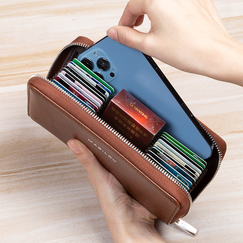 Portofel lung din piele naturală, cu multiple sloturi pentru carduri, capacitate mare, din piele de vițel cu două straturi, design bi-fold, anti-fraudă