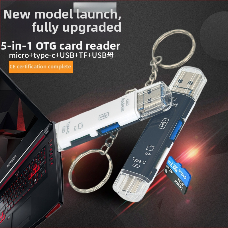 Päť v jednom OTG čítačka kariet s rozhrani Type-C, Micro USB a USB; podpora TF karty a USB flash disku