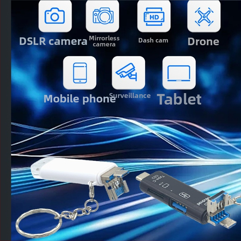 Päť v jednom OTG čítačka kariet s rozhrani Type-C, Micro USB a USB; podpora TF karty a USB flash disku