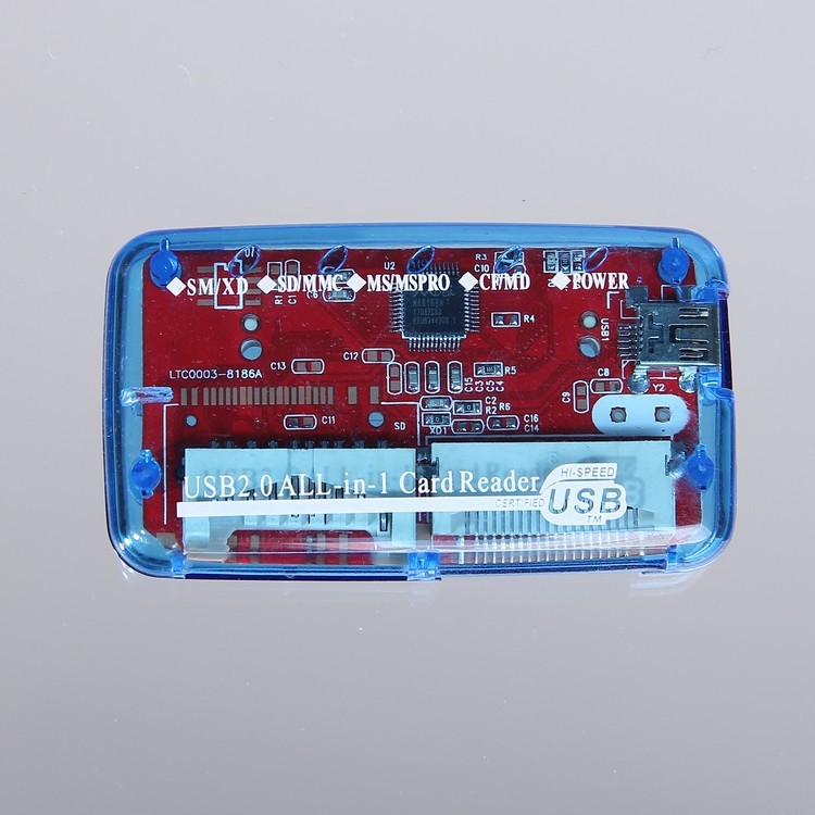Cititor de carduri USB LTC-0008, carcasă transparentă, suport CF/SD/SDHC/MMC Plus/TF/MicroSD, USB 2.0