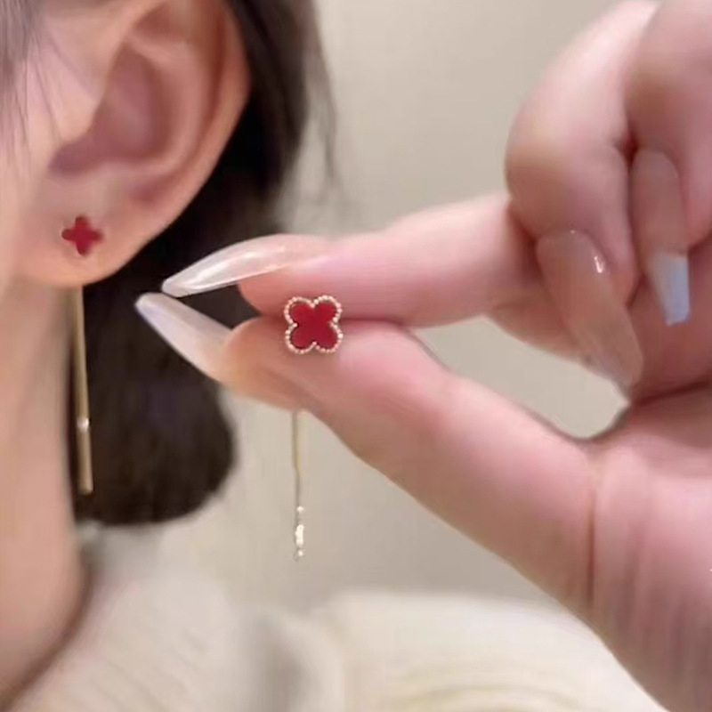 Náušnice s strapcami a štvorlístkom, meď, BENGDOU, elektroplating, jednoduchý štýl