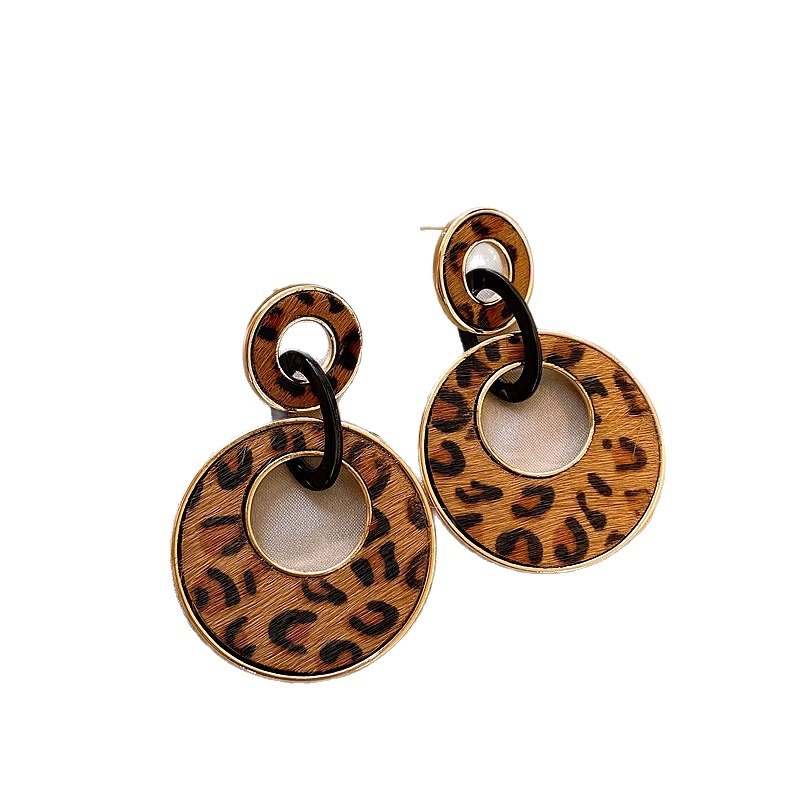 Cercei — Geometrici, imprimeu leopard circular, stil lux ușor (Material: aliaj; Știfturi pentru urechi: 925 argint; Formă: Geometric; Procesare: electroplacare; Stil: lux ușor)