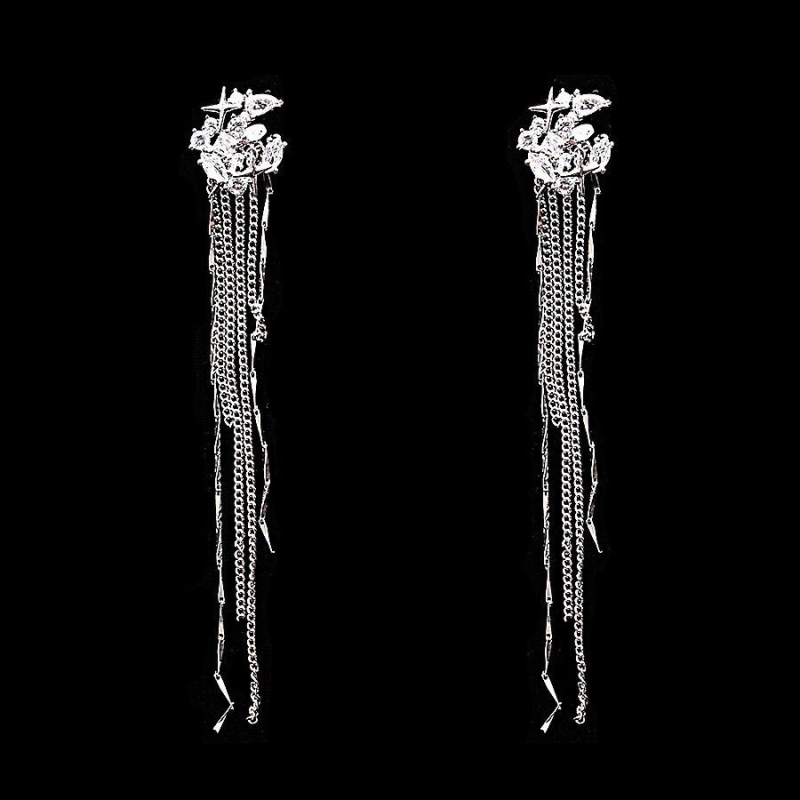 Cercei cu franjuri lungi, clip-on fără piercing, design geometric, metal, YIWEI STUDIO