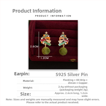 Geometrické náušnice z meďe s glazovanou kapkou smaltu s motívom vianočného stromčeka, 925 strieborné ušné kolíky, vianočný štýl, zima 2025