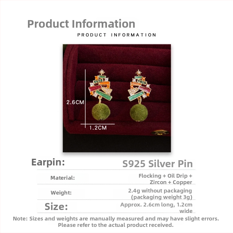 Geometrické náušnice z meďe s glazovanou kapkou smaltu s motívom vianočného stromčeka, 925 strieborné ušné kolíky, vianočný štýl, zima 2025