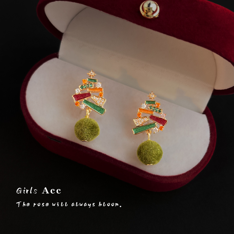 Geometrické náušnice z meďe s glazovanou kapkou smaltu s motívom vianočného stromčeka, 925 strieborné ušné kolíky, vianočný štýl, zima 2025