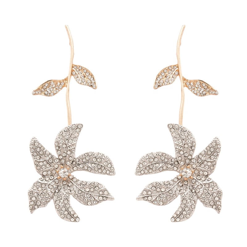 Náušnice s dizajnom kvety a listu, s diamantmi, zliatina, s 925 striebornými kolíkmi — ľahký luxusný štýl